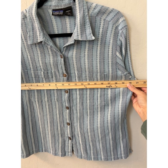 Patagonia Organic Cotton Button Up Short Sleeve Shirt Blue Stripe L - Picture 5 of 6